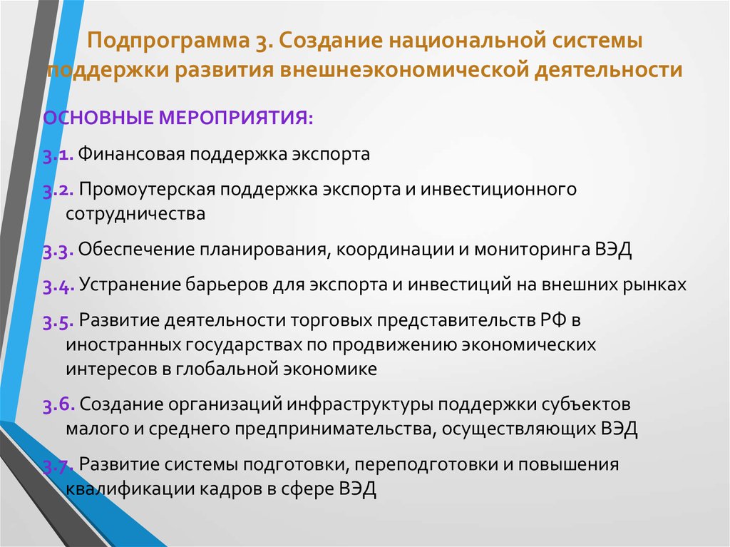 Создание национальной. Развитие внешнеэкономической деятельности. Финансовые механизмы поддержки экспорта. Поддержки развития ВЭД. Меры для формирования системы поддержки экспортно.