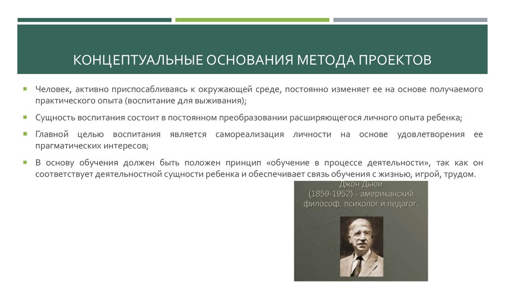 Основоположник метода. Концептуальные основания метода проектов. Концептуальные идеи метода проектов. Основное Концептуальное положение метода проектов. Охарактеризуйте основные концептуальные идеи метода проектов..