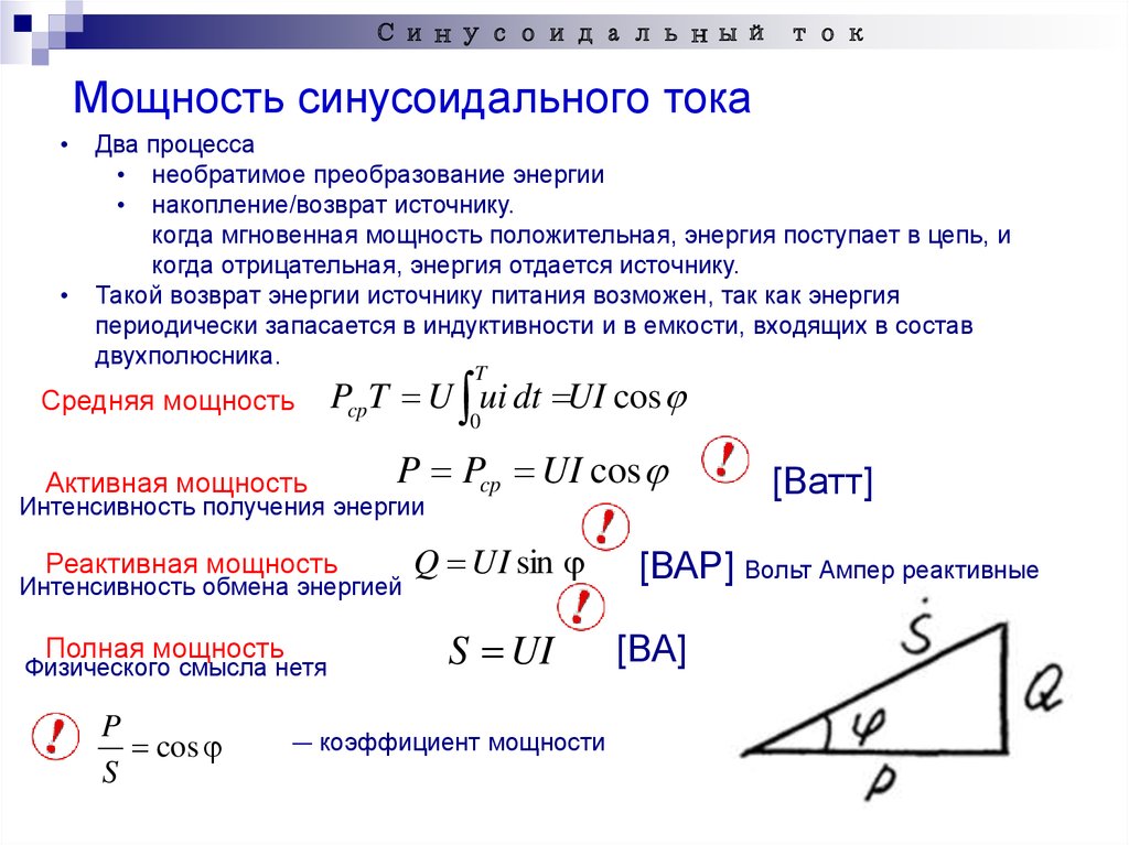 Виды мощностей. Реактивная мощность синусоидального тока. Коэффициент мощности цепи синусоидального тока. Активная мощность цепи синусоидального тока. Полная мощность цепи синусоидального тока формула.