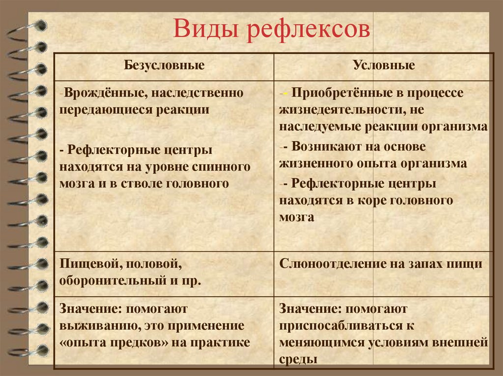 Установите соответствие между видами рефлексов и их