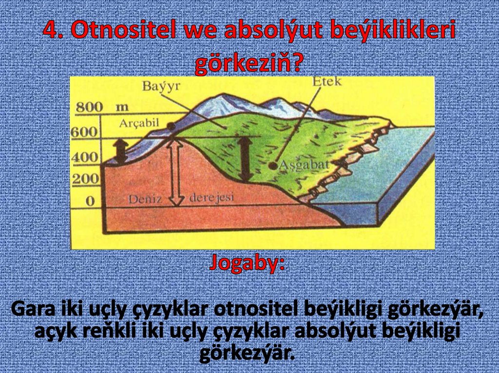 4. Otnositel we absolýut beýiklikleri görkeziň?