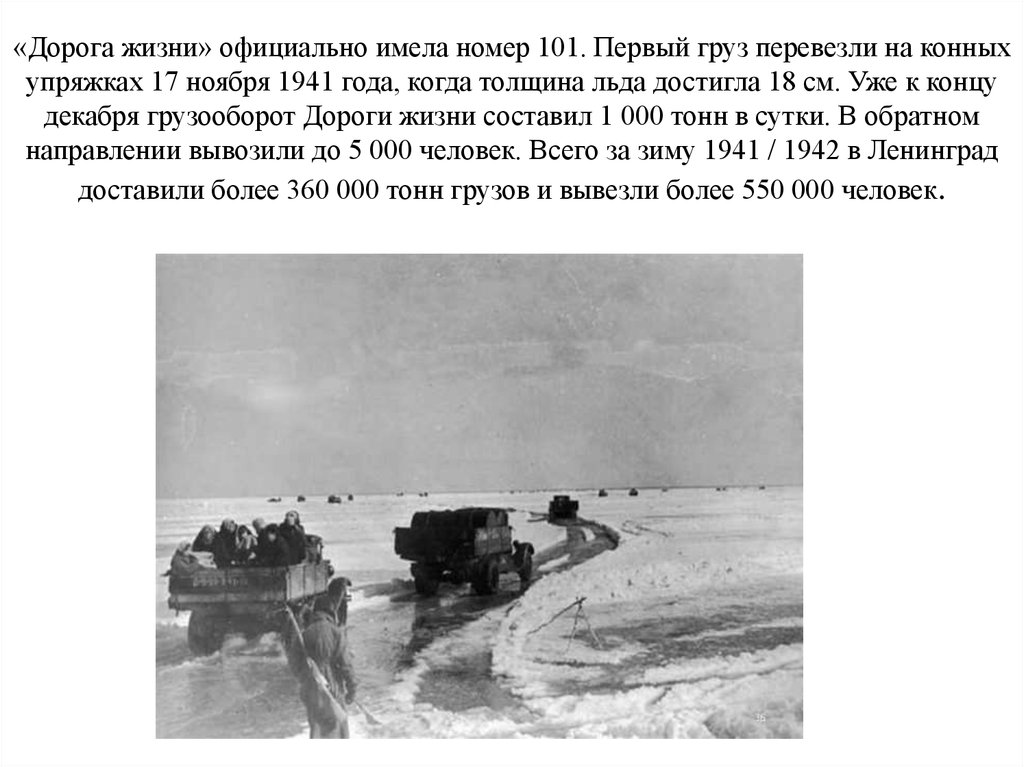«Дорога жизни» официально имела номер 101. Первый груз перевезли на конных упряжках 17 ноября 1941 года, когда толщина льда