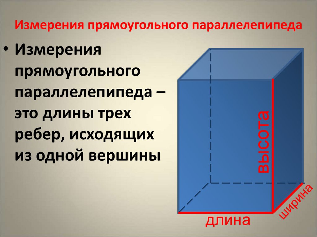 Прямоугольник параллелепипед б. Измерения прямоугольного параллелепипеда. Три измерения прямоугольного параллелепипеда. Прямоугольный параллели. Прямоугольный паралле.