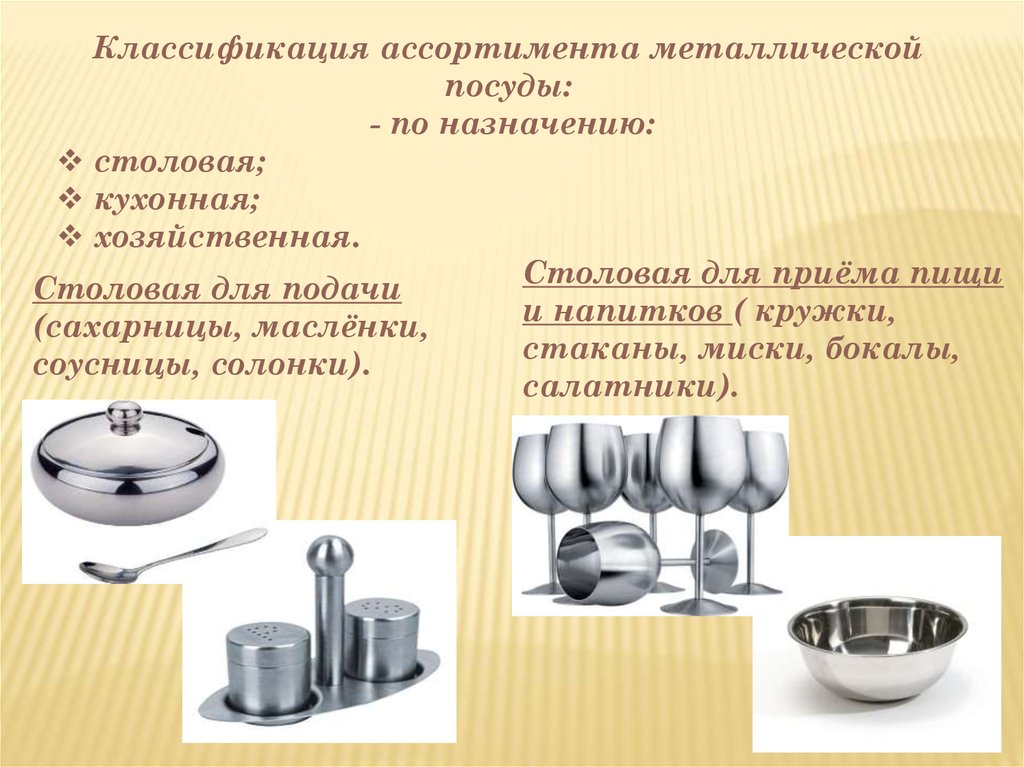 Посуда из каких металлов. Классификация металлической посуды. Металлическая посуда презентация. Металлы для производства посуды. Ассортимент металлической посуды.