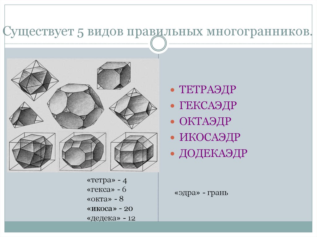 Правильный многогранник 9. Гекса додекаэдр. Эдра грань. Тетраэдр гексаэдр октаэдр додекаэдр икосаэдр -вершины грани ребра. Заполненная таблица тетраэдр додекаэдр.