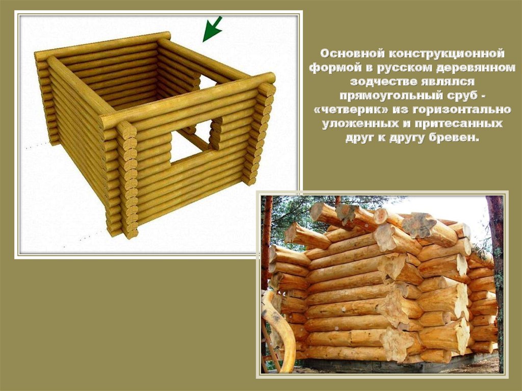 Основной конструкционной формой в русском деревянном зодчестве являлся прямоугольный сруб - «четверик» из горизонтально