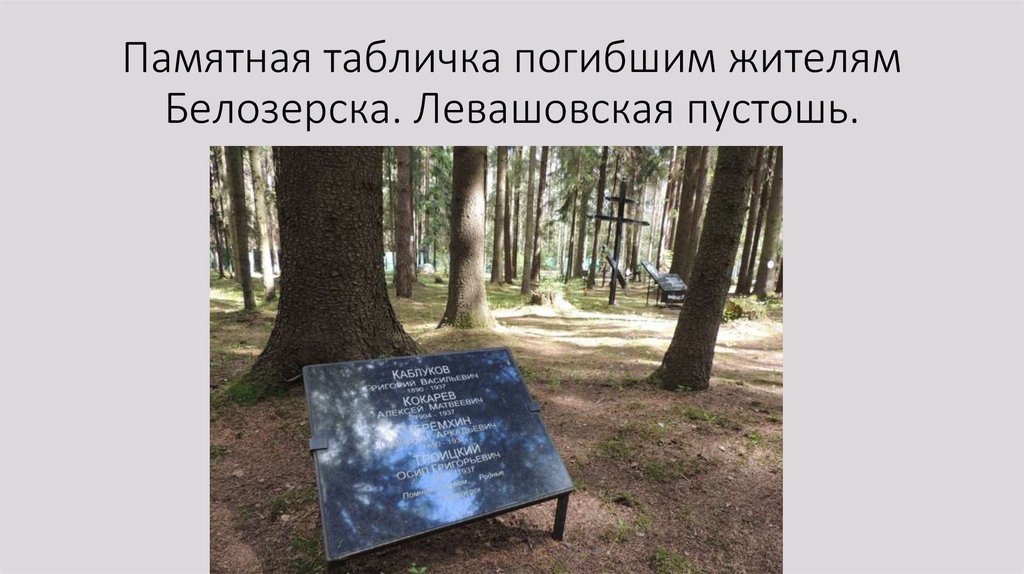 Памятная табличка погибшим жителям Белозерска. Левашовская пустошь.