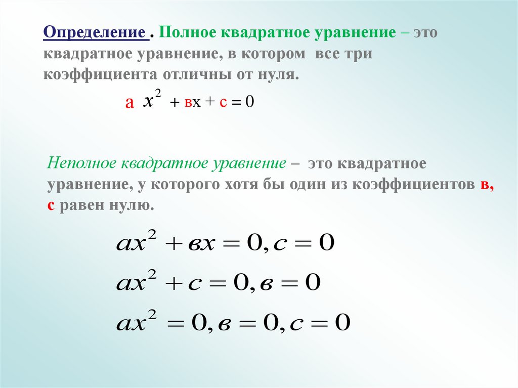 Таблица решения квадратных уравнений