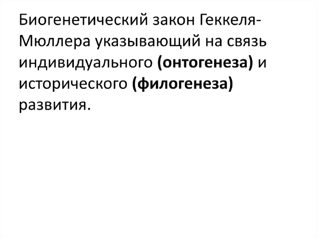 Биогенетический закон Геккеля-Мюллера указывающий на связь индивидуального (онтогенеза) и исторического (филогенеза) развития.