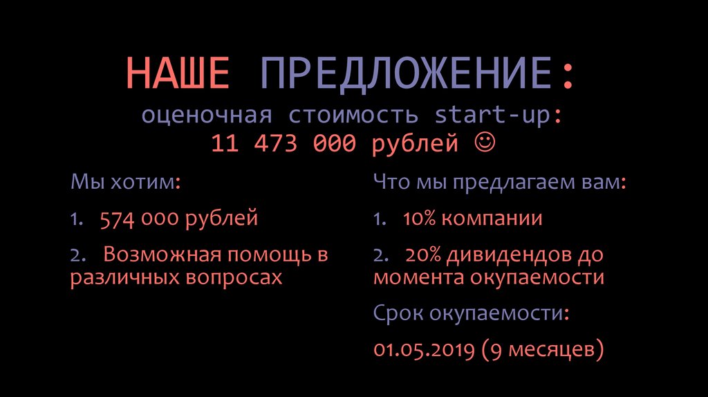НАШЕ ПРЕДЛОЖЕНИЕ: оценочная стоимость start-up: 11 473 000 рублей 