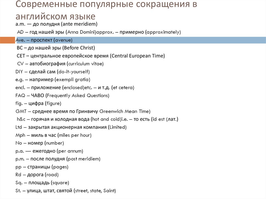 Сокращения в английском языке в переписке презентация