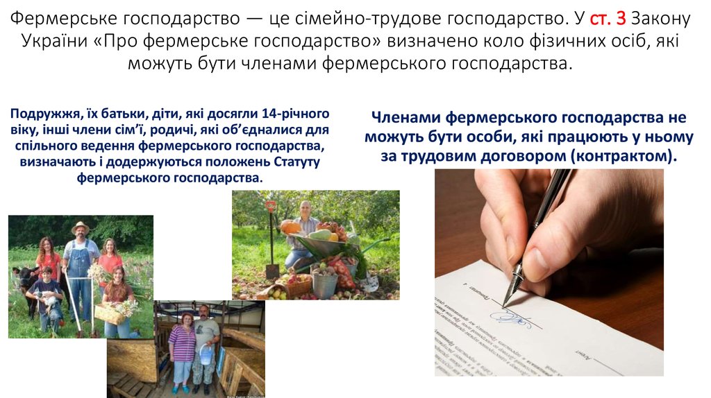 Фермерське господарство — це сімейно-трудове господарство. У ст. 3 Закону України «Про фермерське господарство» визначено коло