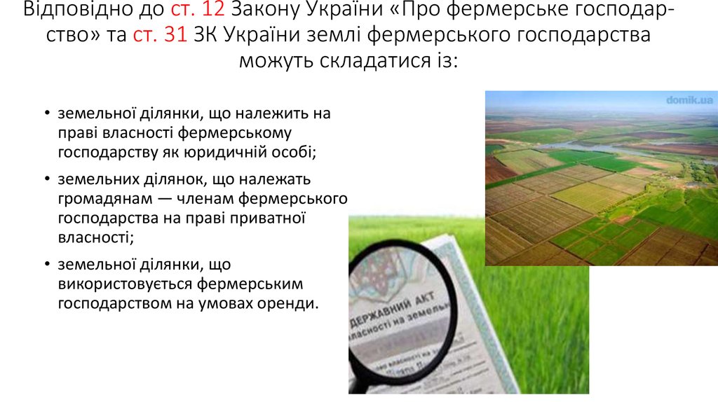 Відповідно до ст. 12 Закону України «Про фермерське господар­ство» та ст. 31 ЗК України землі фермерського господарства можуть