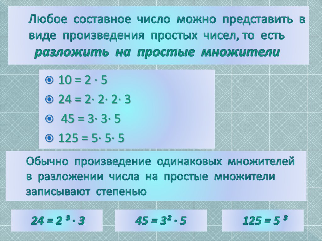 Любое составное число можно представить в виде произведения простых чисел, то есть разложить на простые множители