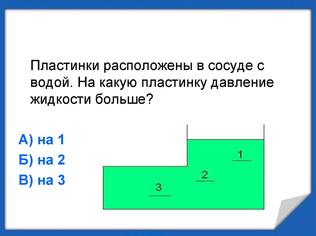 В сосуде находится 3. Пластинки расположены в сосуде с водой на какую. Давление на пластину. Пластинки а б в и г помещены в сосуд с водой. На какую пластинку давление наименьшее.