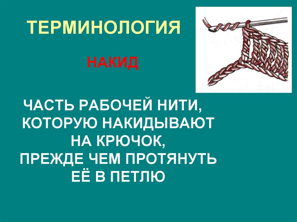 Рабочая нить. Терминология вязания крючком. Профессиональная терминология вязаного трикотажа. Рабочая нить за работой накид.