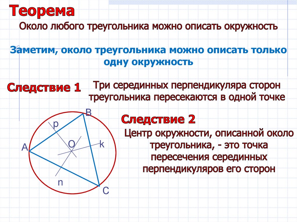 Как построить описанную окружность около треугольника. Теорема о центре описанной окружности с доказательством. Расположение центра описанной окружности относительно треугольника. Алгоритм построения окружности описанной около треугольника. Центр описанной окружности равноудален.