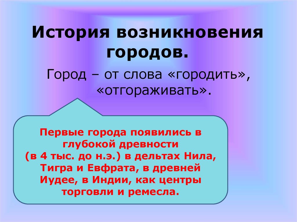 История возникновения городов. Теории возникновения городов. Происхождение слова город. 3 Условия возникновения городов. Города возникают как центры.