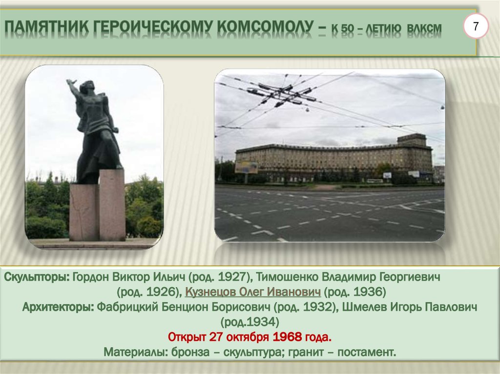 Памятник Героическому Комсомолу – к 50 – летию ВЛКСМ