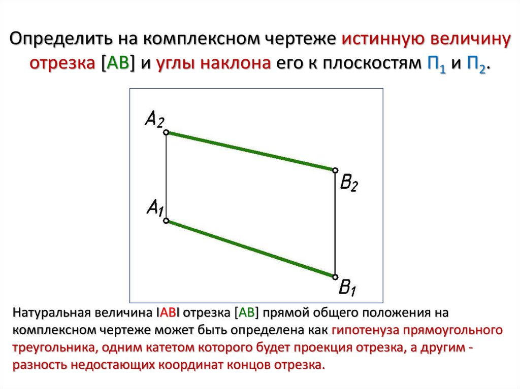 Определить на комплексном чертеже истинную величину отрезка [AB] и углы наклона его к плоскостям П1 и П2.