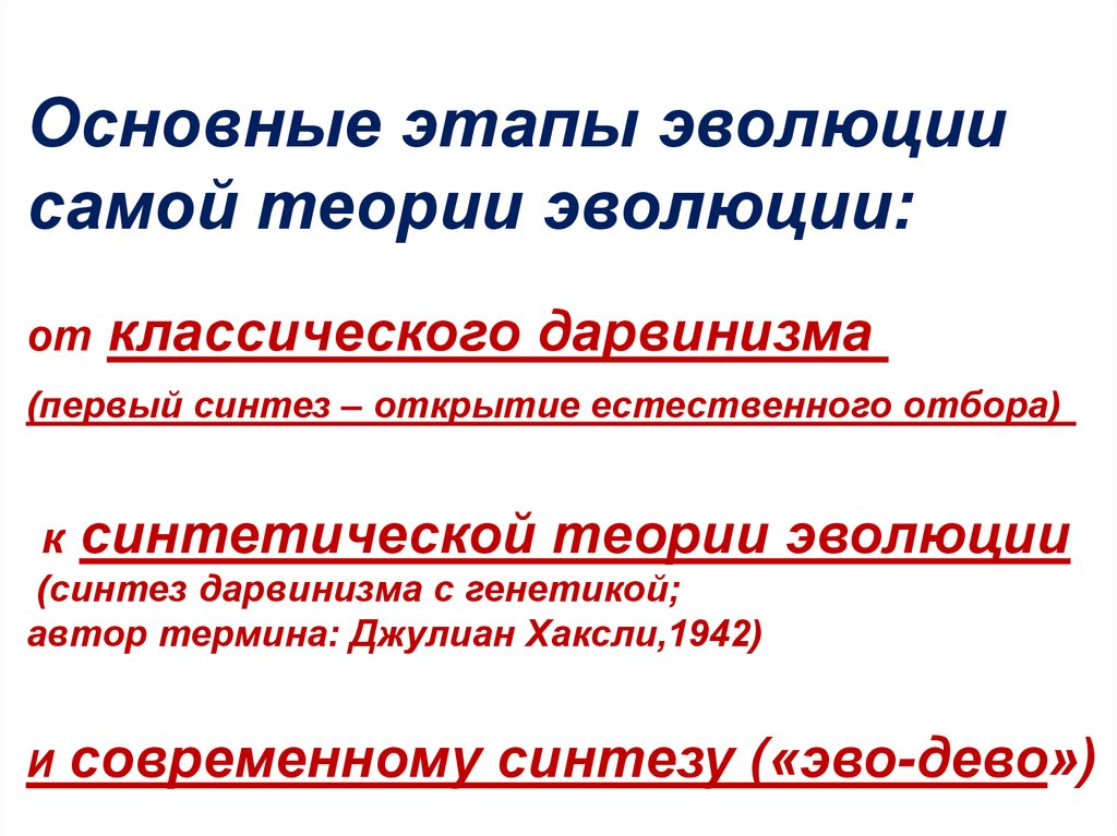 Согласно синтетической теории. Основные этапы эволюции.