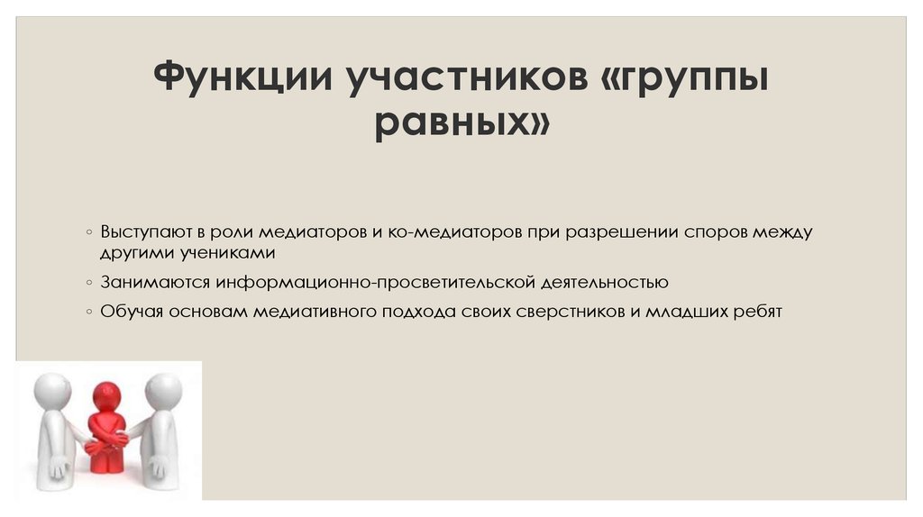 Функции участников. Группа равных в медиации. Группы равных в службе школьной медиации. Группа равных. Группа рааных при медиации.