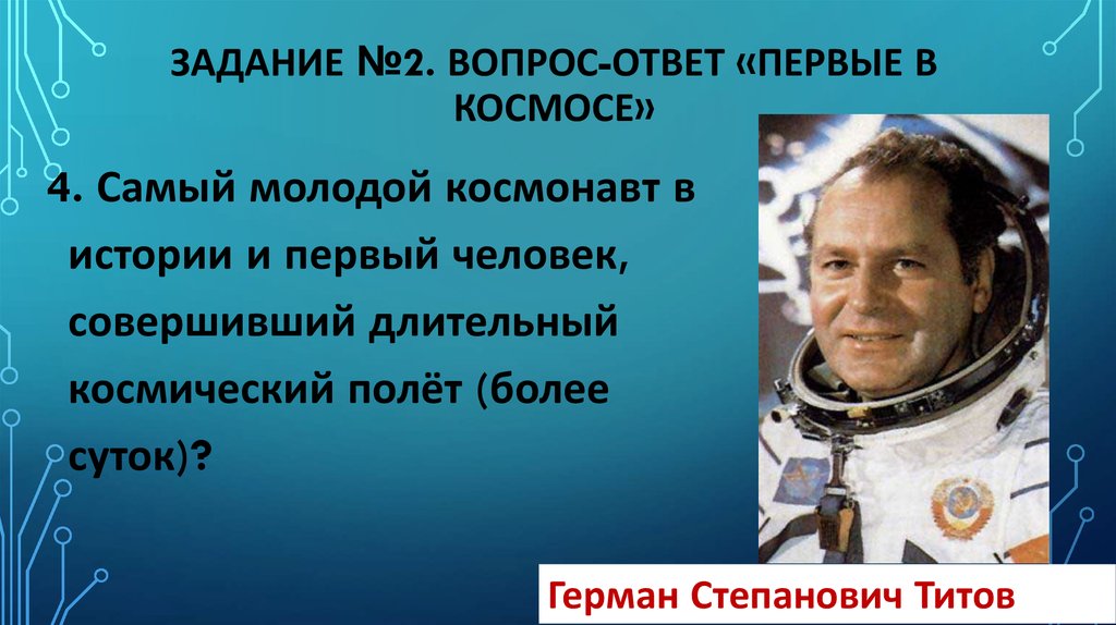 Второй человек орбитальный полет. Первый человек, совершивший длительный космический полёт. Самый молодой космонавт в истории. Самый ирордой космонавт. Самый долгий космический полет.