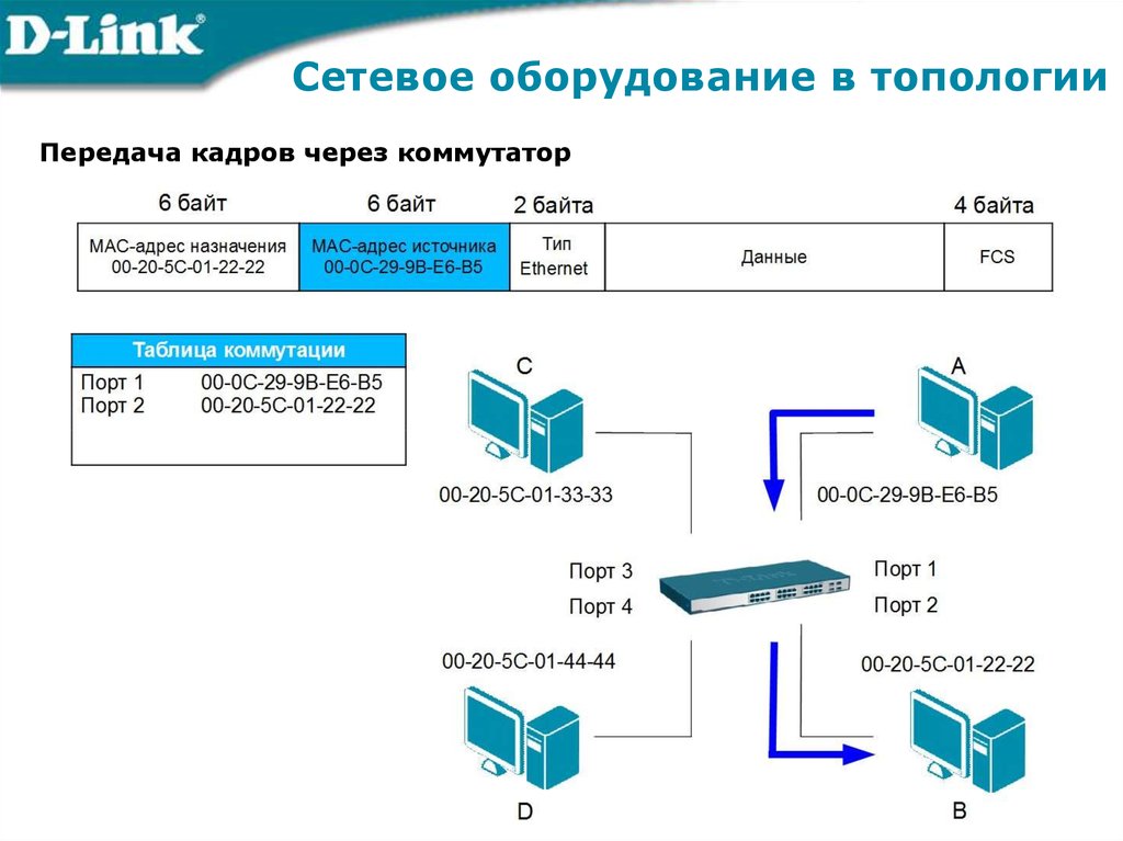 Посмотрите на рисунок на какой порт коммутатор отправит полученный кадр