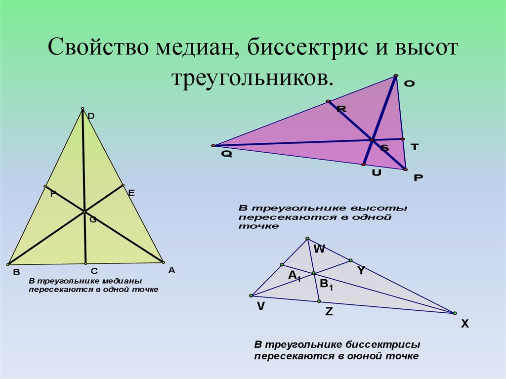 Провести три медианы в треугольнике. Медиана биссектриса и высота треугольника. Свойства Медианы биссектрисы и высоты треугольника. Медиана биссектриса и высота треугольника 7 класс. Биссектриса Медиана высота.