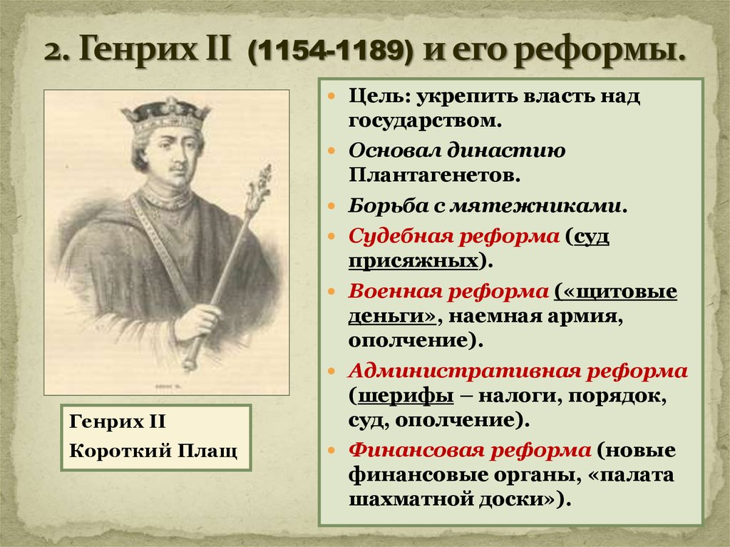 Подчиняющие правление. Реформы Генриха 2 Плантагенета 6 класс. Реформы Генриха 2 Плантагенета (1154-1189).