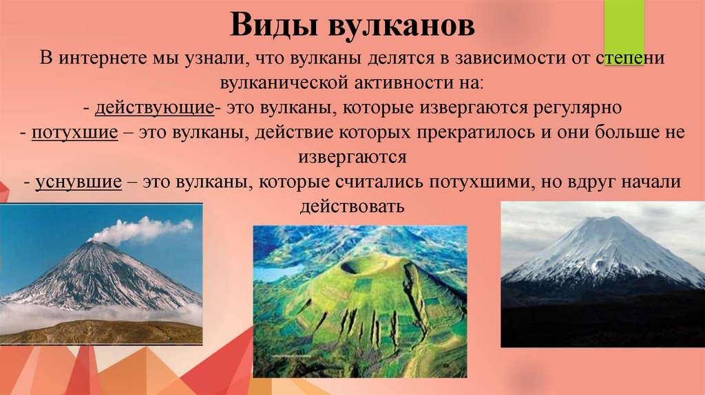 Вулканы потухшие действующие. Виды вулканов. Вулканы делятся на. Три типа вулканов.