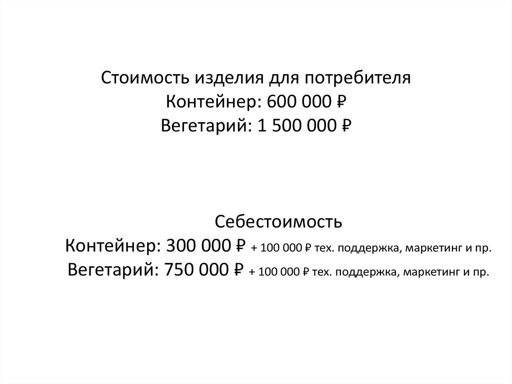 Стоимость изделия для потребителя Контейнер: 600 000 ₽ Вегетарий: 1 500 000 ₽