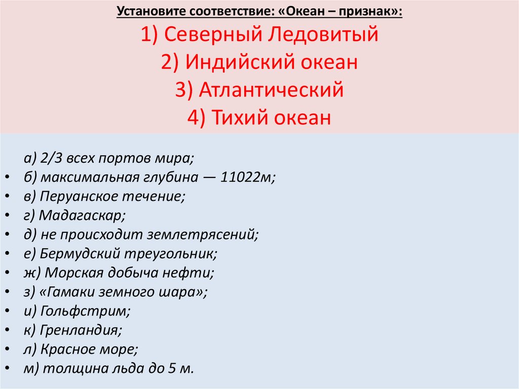 Установите соответствие океан особенности океана