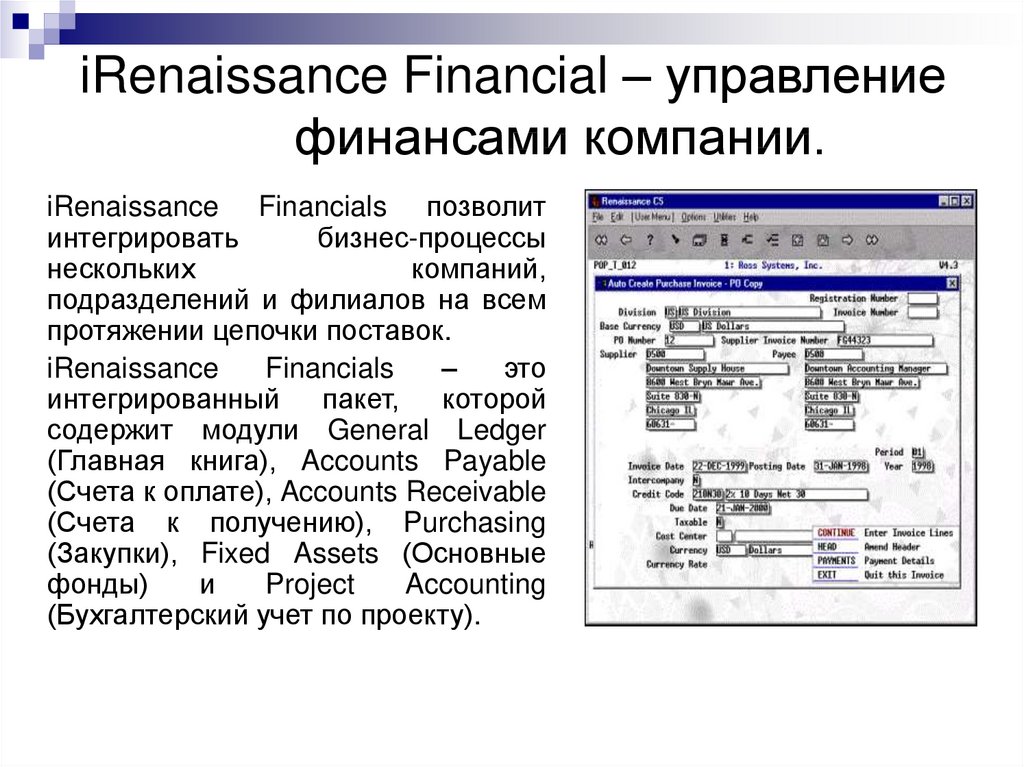 iRenaissance Financial – управление финансами компании.