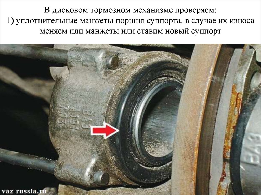 В дисковом тормозном механизме проверяем: 1) уплотнительные манжеты поршня суппорта, в случае их износа меняем или манжеты или