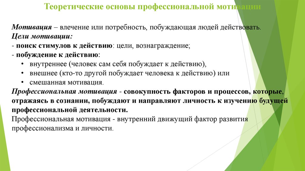 Побуждающая потребность. Мотивация (самоопределение к деятельности). Мотивация профессиональной речи.