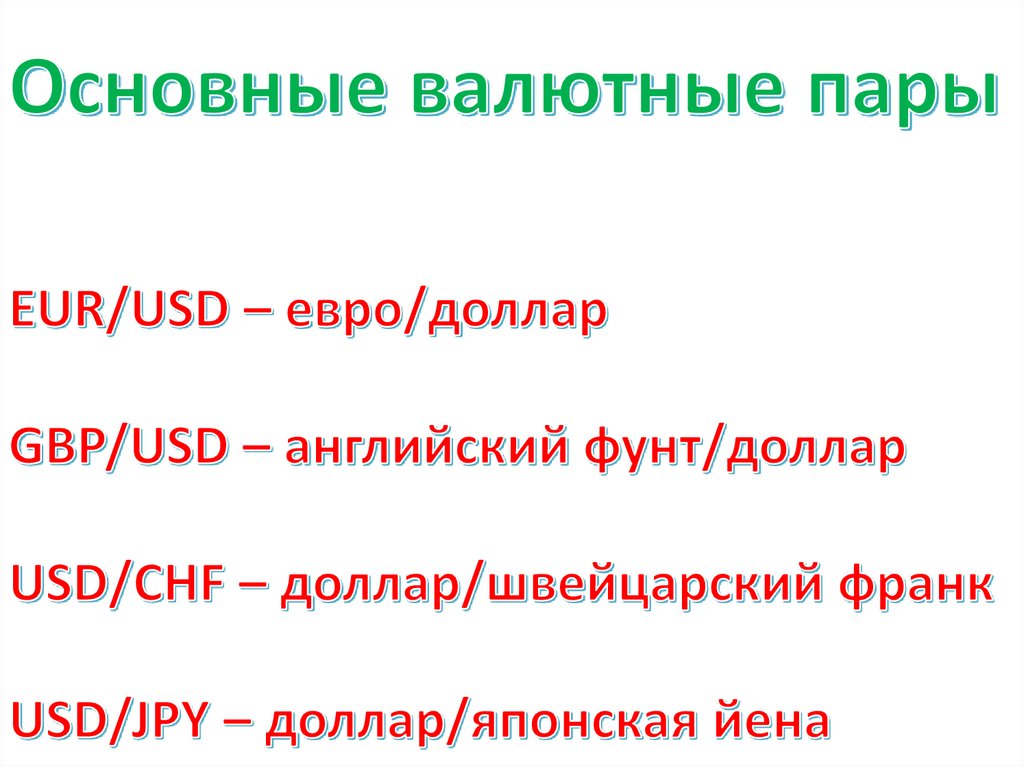 Основные валютные пары EUR/USD – евро/доллар GBP/USD – английский фунт/доллар USD/CHF – доллар/швейцарский франк USD/JPY –