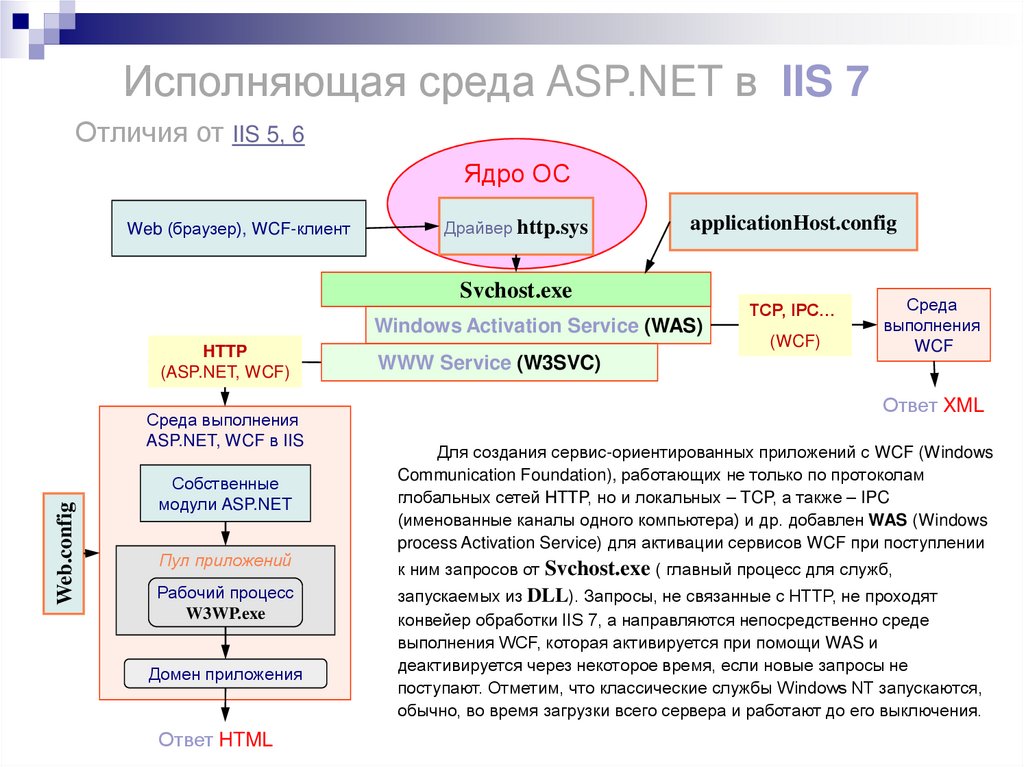 Средой выполнения c. IIS конвейер обработки запросов. Создаются веб-документы (среда программирования). Дополнительные протоколы глобальных сетей. Среда выполнения кода.