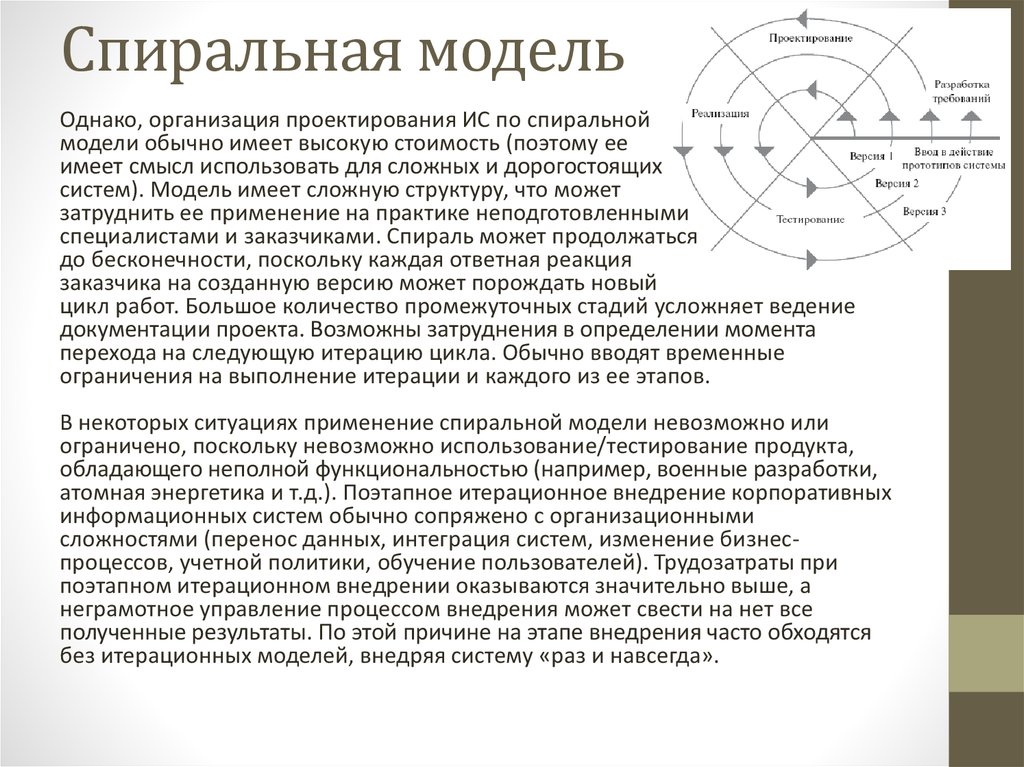 В спиральной модели жизненного цикла проекта используются итерации