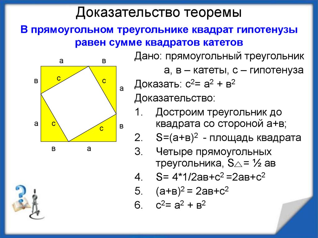 Площадь квадрата это произведение смежных сторон. Доказательство теоремы Пифагора. Доказ теоремы Пифагора. Теорема Пифагора 8 класс геометрия доказательство. Доказать теорему Пифагора 8 класс.