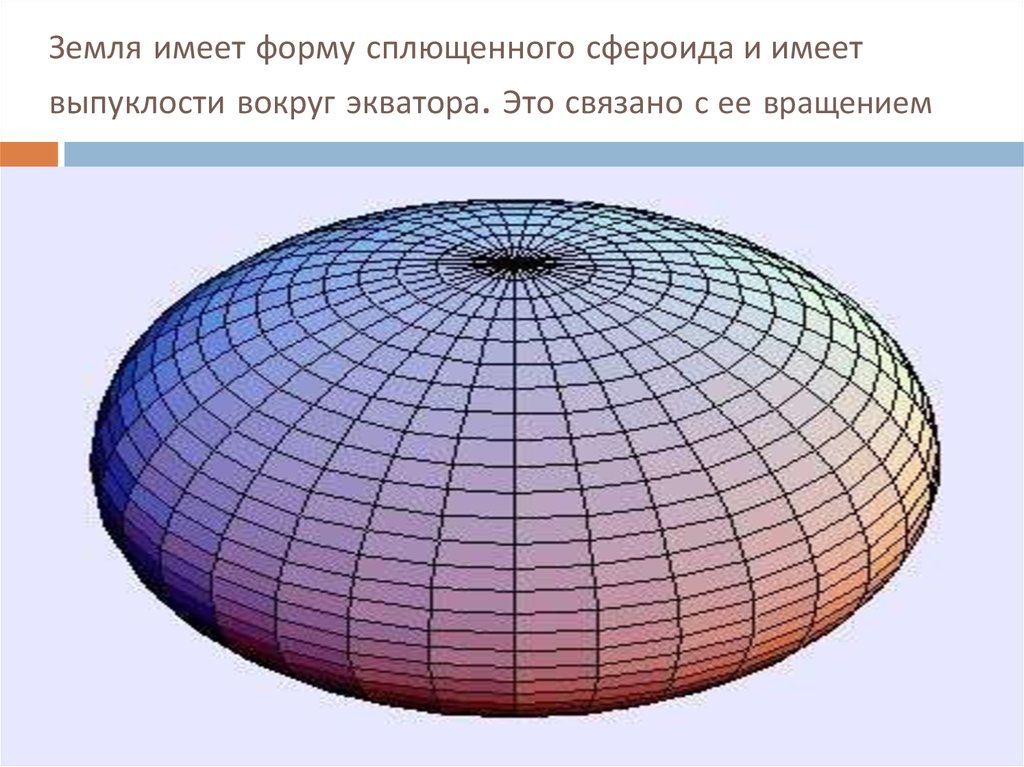 Земля имеет форму сплющенного сфероида и имеет выпуклости вокруг экватора. Это связано с ее вращением