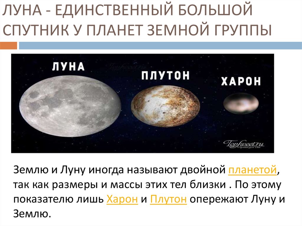 Спутники больше луны. Спутники планет земной группы. Размер Плутона и Луны. Земля и Луна двойная Планета.