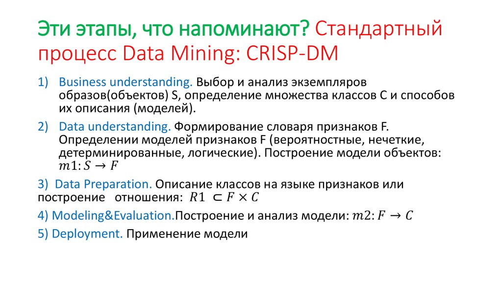 Эти этапы, что напоминают? Стандартный процесс Data Mining: CRISP-DM
