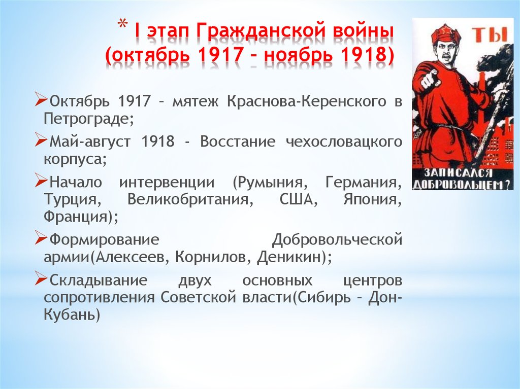 I этап Гражданской войны (октябрь 1917 – ноябрь 1918)