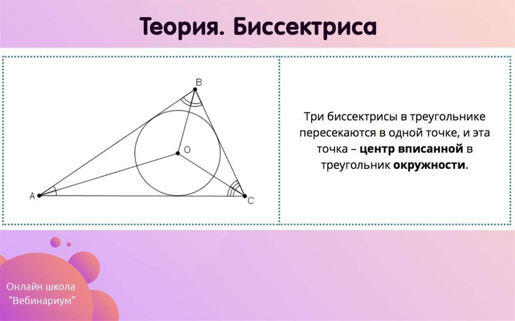 Точка пересечения биссектрис является центром окружности. Биссектриса вписанного в окружность треугольника. Биссектриса треугольника в окружности. Биссектриса и центр вписанной окружности. Биссектриса и вписанная окружность.