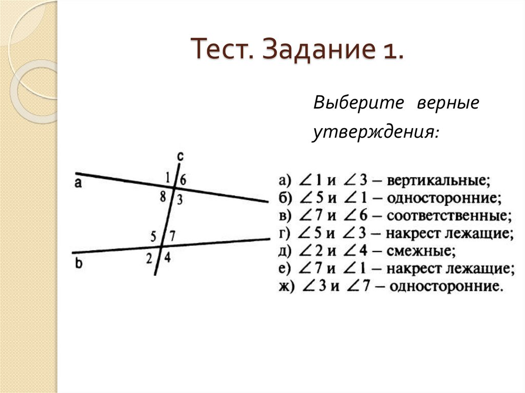 На рисунке углы 1 и 2 являются односторонними накрест лежащими соответственными смежными 2 вариант