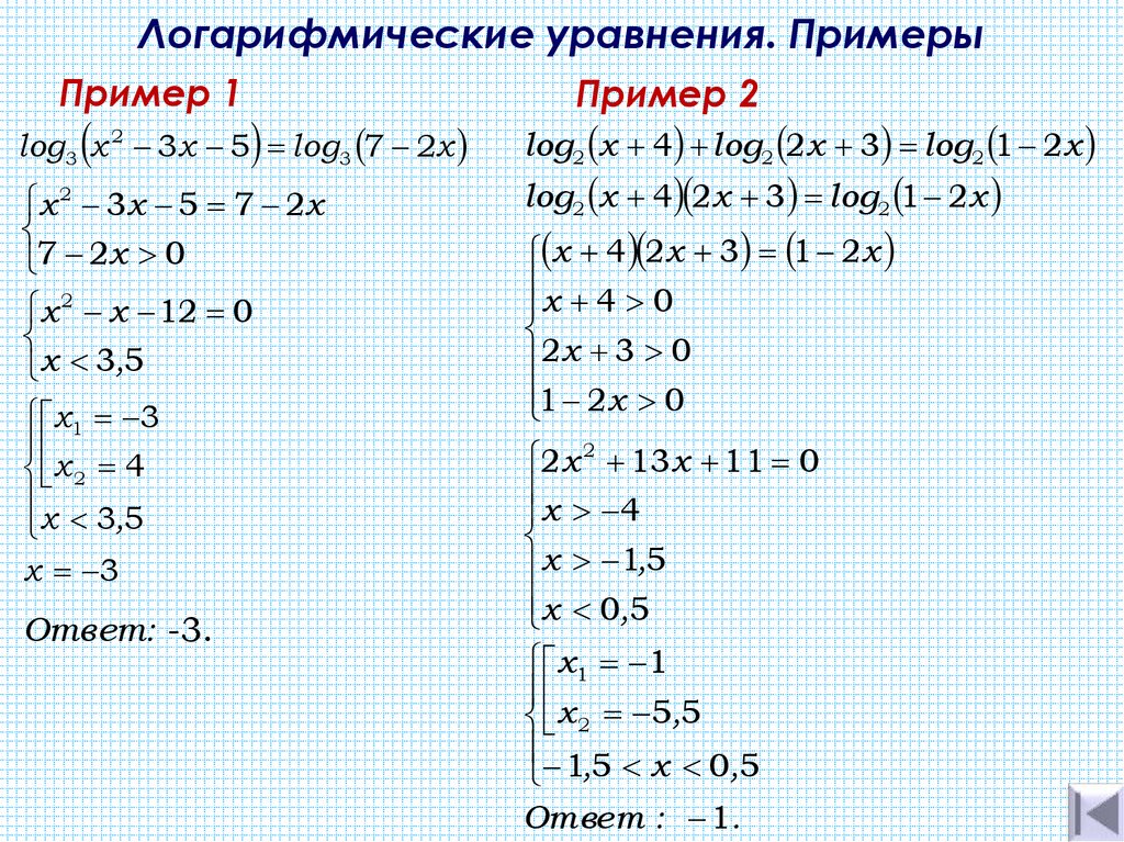 Логарифмические уравнения. Примеры