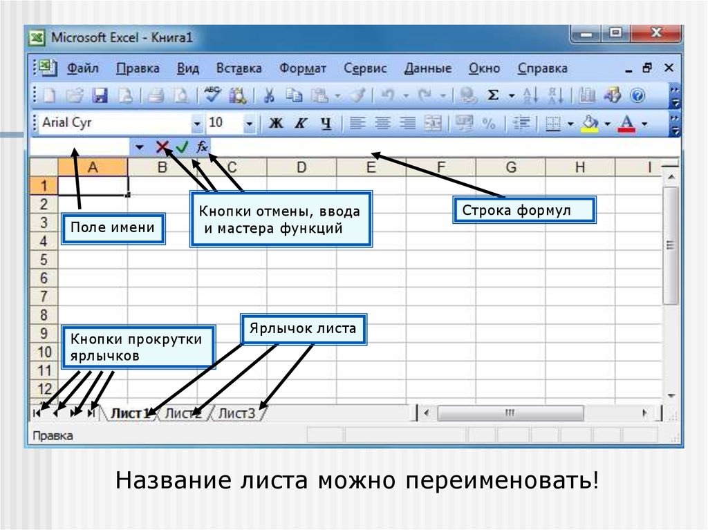 На рисунке изображена только часть окна excel включающая строку формул и поле имени