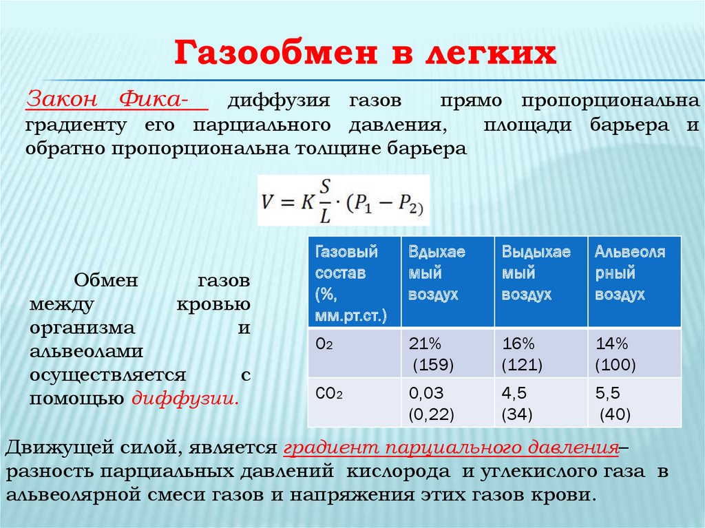 Газовый обмен. Закон диффузии газов. Газообмен в легких парциальное давление. Состав газов в легких. Факторы газообмена в легких.