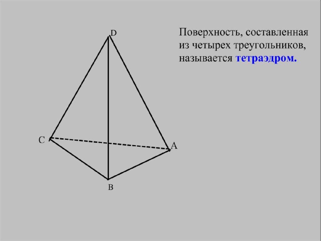 Сечение тетраэдра и параллелепипеда. Поверхность составленная из четырех треугольников.